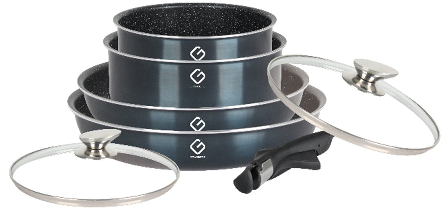 Set 7 piese: 4 vase din aluminiu, compatibile cu plita inductie, 2 capace sticla, 1 maner detasabil.