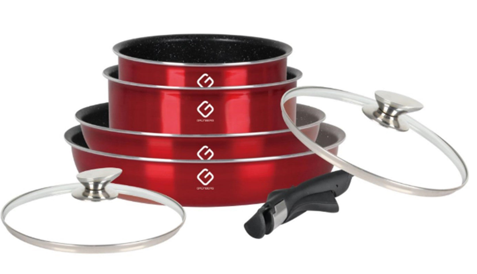 Set 7 piese: 4 vase din aluminiu, compatibile cu plita inductie, 2 capace sticla, 1 maner detasabil.