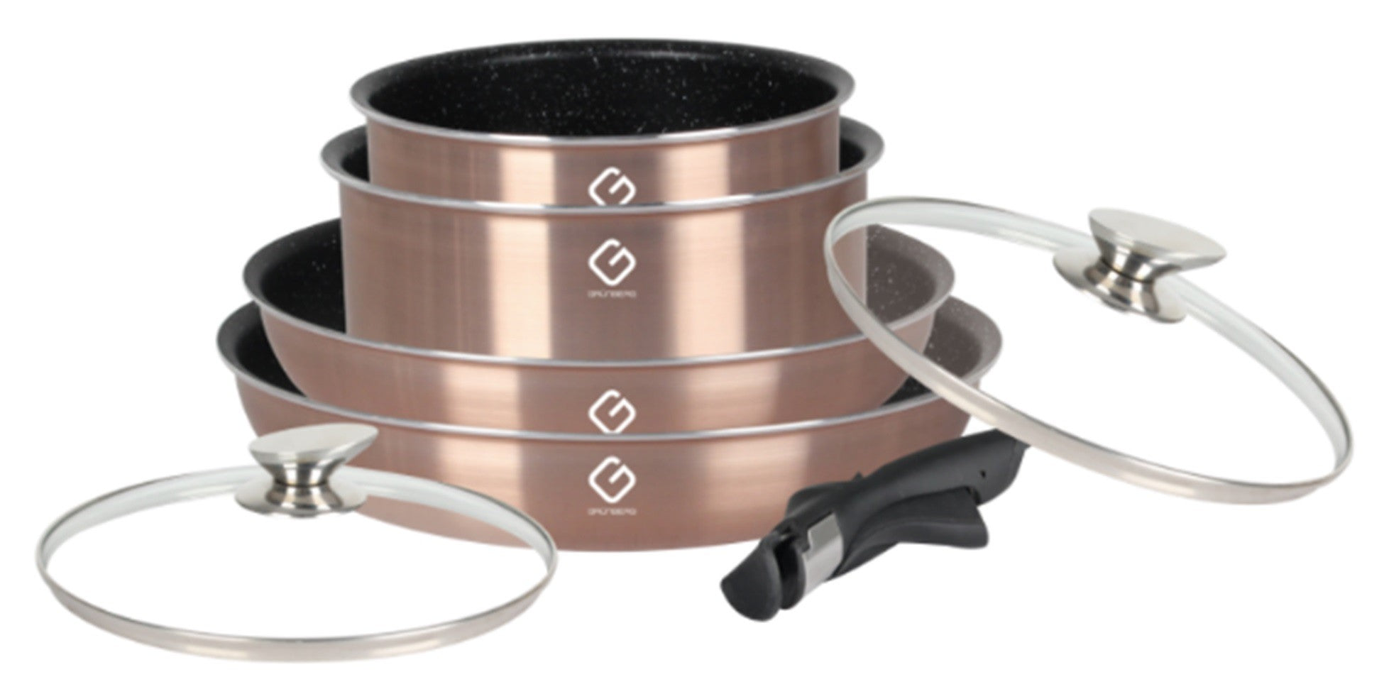 Set 7 piese: 4 vase din aluminiu, compatibile cu plita inductie, 2 capace sticla, 1 maner detasabil.