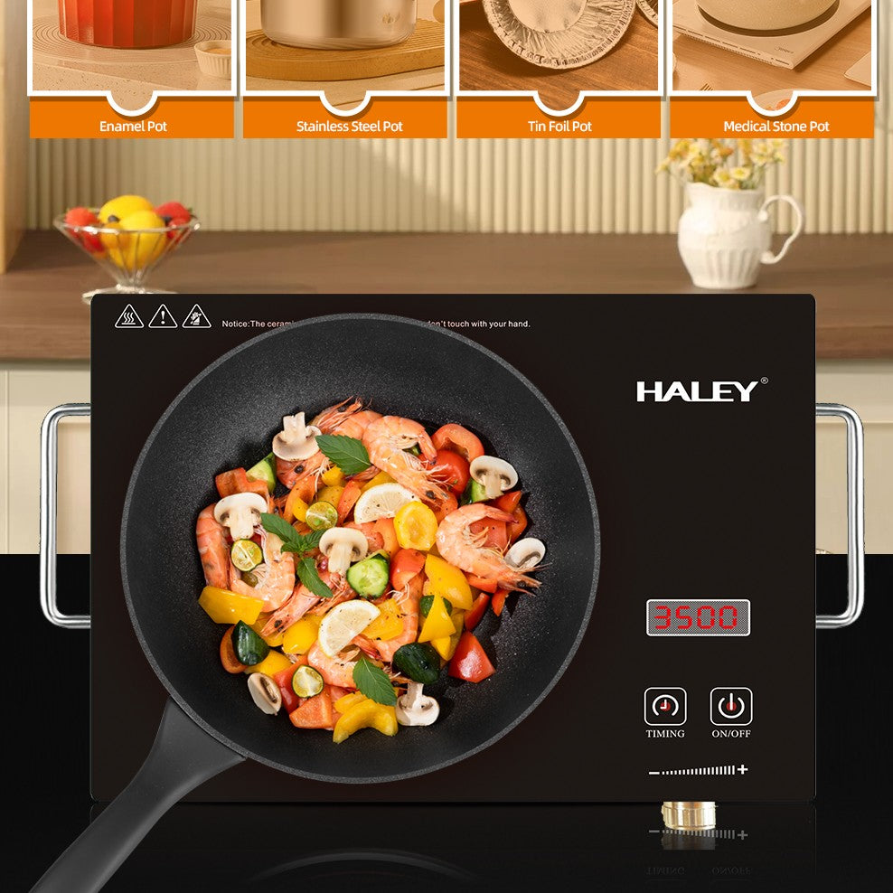 Plită cu Inducție HALEY 3500W, Geam Cristal Negru, Timer, Control Tactil, Oprire Automată, Protecție la Supraincălzire