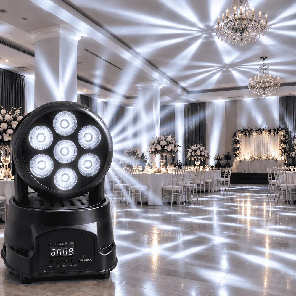 Moving Head LED Profesional 7×10W RGBW 4-în-1, 80W, DMX512 9/14 Canale, PAN 540° / TILT 180°, Stroboscop, Dimmer, Control Muzical, Auto și Master-Slave