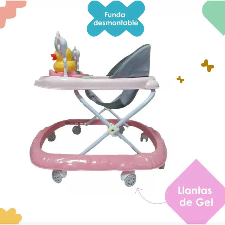 Premergator pliabil si muzical, AT PERFORMANCE®, cu roti de silicon, Ratusca, 2 flori, Roz