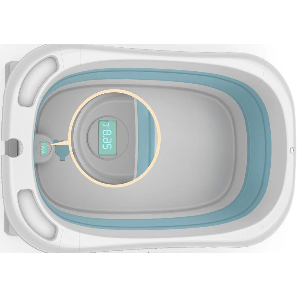Cadita pliabila cu termometru incorporat si perna, Dimensiuni 83 x 50 x 20 cm, Material PP/TPE, Pliere rapida, Usor de utilizat, Picioare antiderapante, Varsta 0-3 ani, Structura Solida, Culoare Albastru