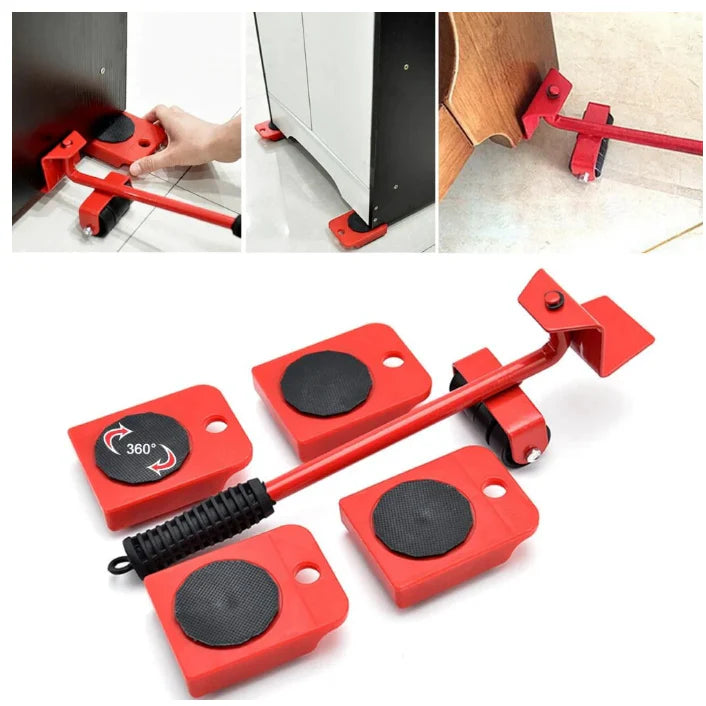 Set AT PERFORMANCE Echipament Pentru Mutat Mobila, Metal, Rosu, 5 Piese, Maxima 150 Kg