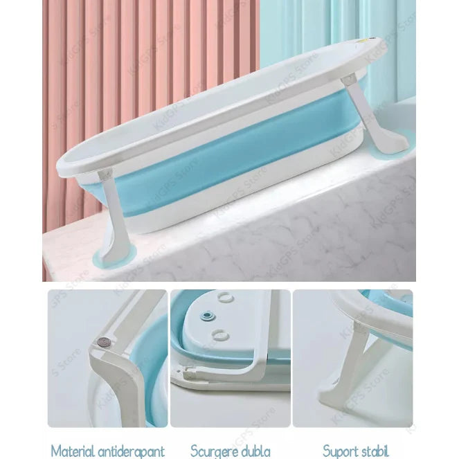 Cadita pliabila cu termometru incorporat si perna, Dimensiuni 83 x 50 x 20 cm, Material PP/TPE, Pliere rapida, Usor de utilizat, Picioare antiderapante, Varsta 0-3 ani, Structura Solida, Culoare Albastru