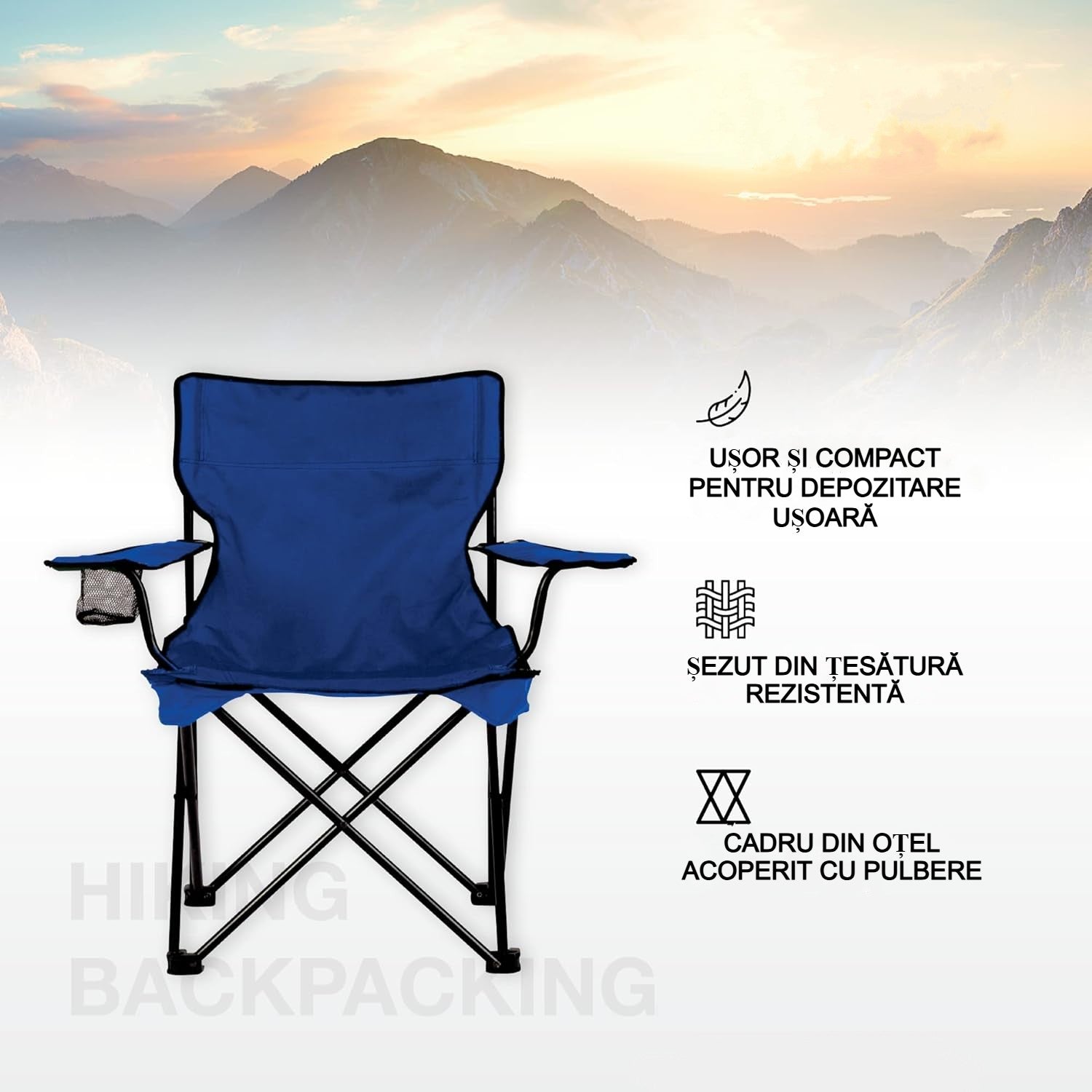 Scaun pliabil de plajă și camping AT PERFORMANCE® – Portabil, ușor, multifuncțional, 120 kg, cu geantă transport și suport pahar – Albastru