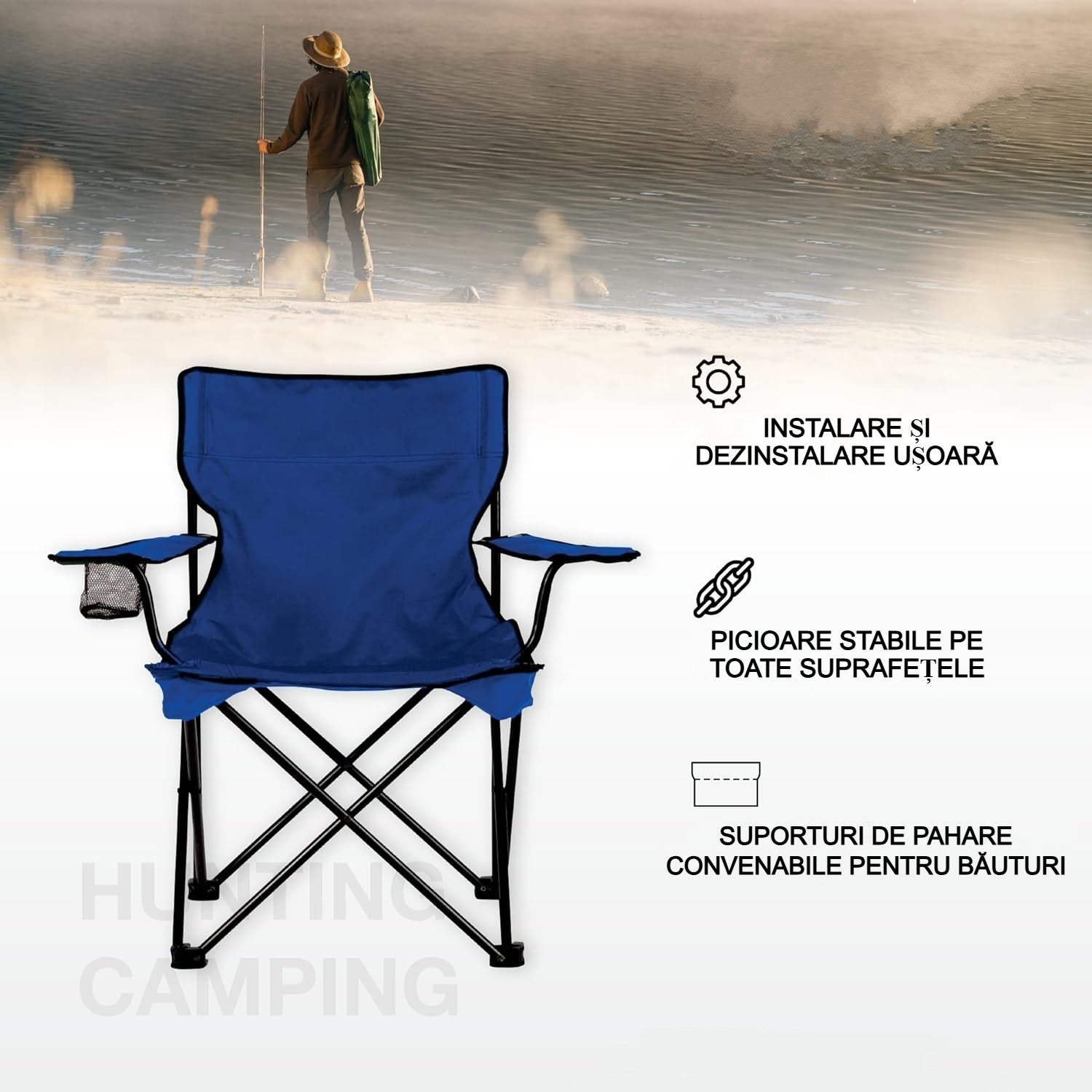 Scaun pliabil de plajă și camping AT PERFORMANCE® – Portabil, ușor, multifuncțional, 120 kg, cu geantă transport și suport pahar – Albastru